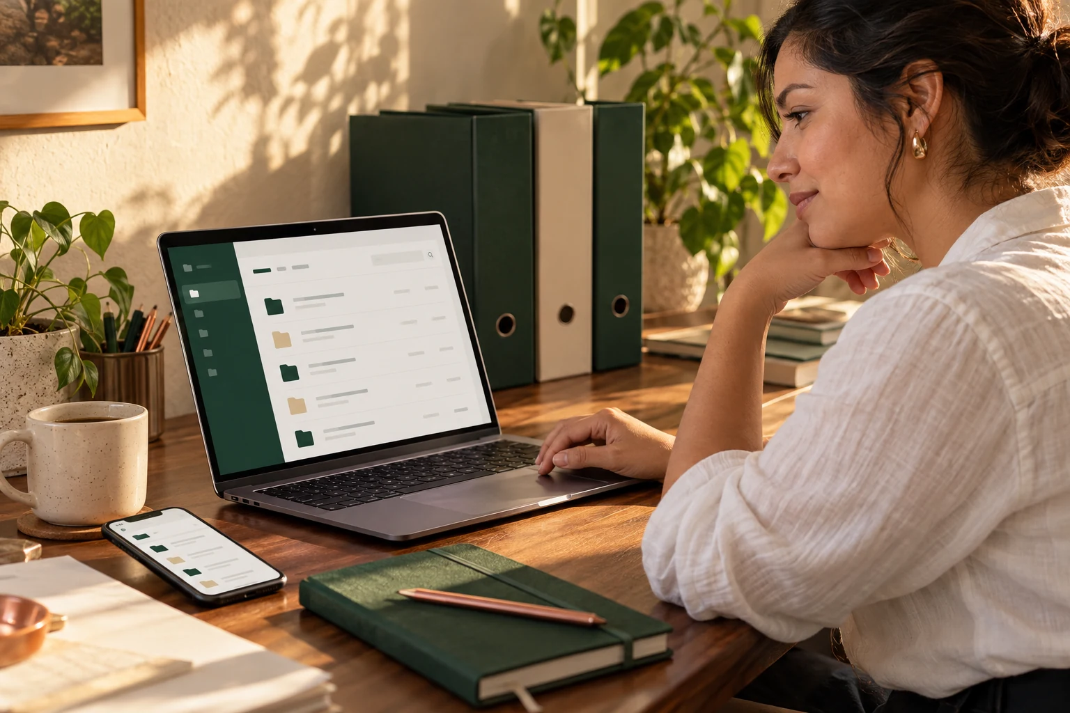 Escena ilustrativa de una docente consultando un archivo digital en su espacio de trabajo